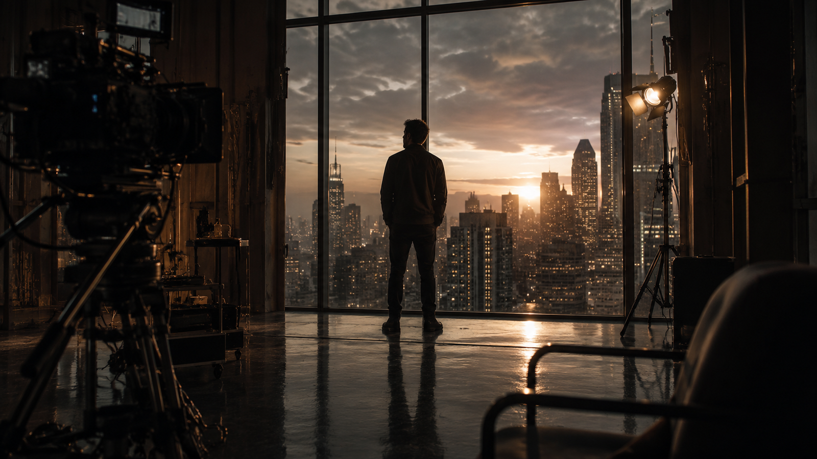 Original superheroes overlooking a modern city representing live-action superhero movies